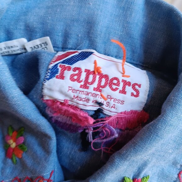 Small Vintage Top 70s Women's Butterfly Embroidered Chambray Denim Shirt Hippie - Picture 9 of 10